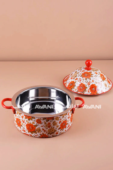 Floral Print Stainless Steel Hot Pot – 2500 ml - Red / Orange