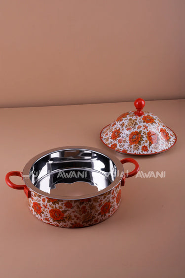 Floral Print Stainless Steel Hot Pot – 3500 ml - Red / Orange