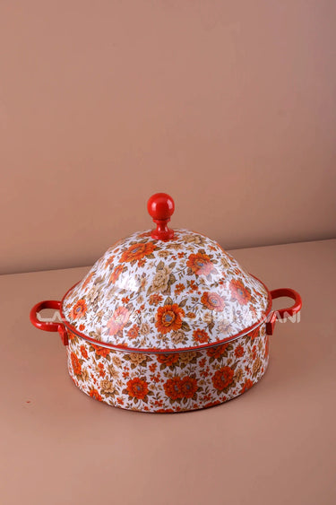 Floral Print Stainless Steel Hot Pot – 8000 ml - Red / Orange