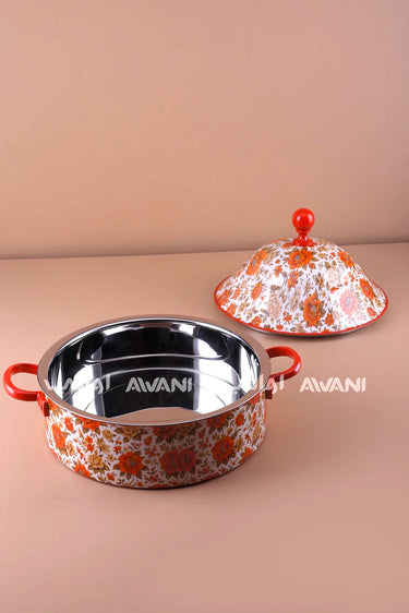 Floral Print Stainless Steel Hot Pot – 8000 ml - Red / Orange