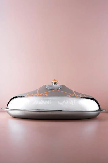 Oval Stainless Steel Serving Platter with Gold Accents & Dome Lid – L (85 Cm)