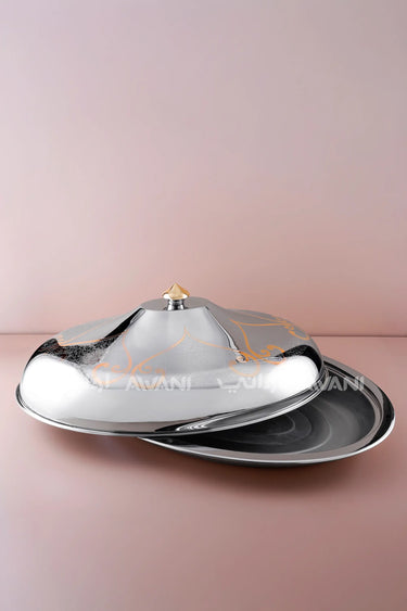Oval Stainless Steel Serving Platter with Gold Accents & Dome Lid – L (85 Cm)