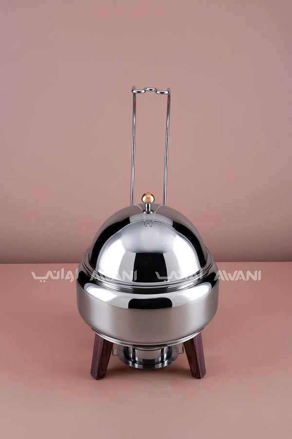 2500 ML Stainless Steel Round Chafing Dish with Wooden Legs & Dome Lid