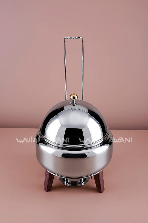 3500 ML Stainless Steel Round Chafing Dish with Wooden Legs & Dome Lid