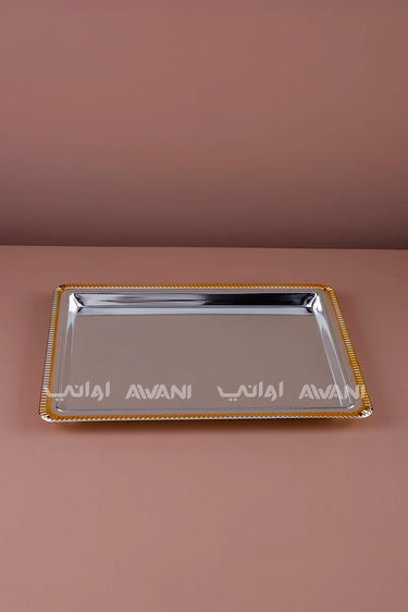 Rectangular Silver Serving Tray with Gold Beaded Rim
