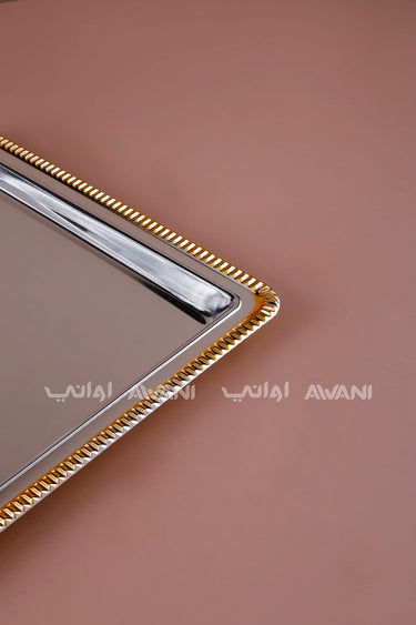 Rectangular Silver Serving Tray with Gold Beaded Rim