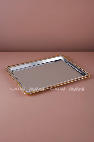 Rectangular Silver Serving Tray with Gold Beaded Rim