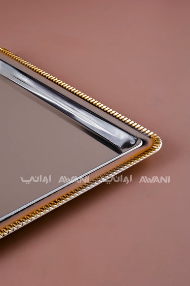 Rectangular Silver Serving Tray with Gold Beaded Rim
