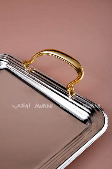 Stainless Steel Rectangular Serving Tray with gold handle