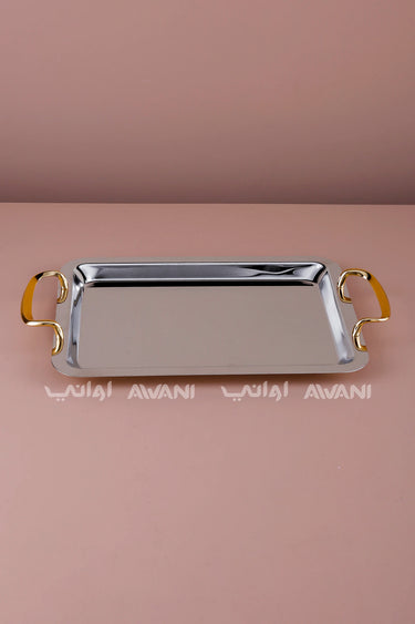 Rectangular Silver Serving Tray with Gold Curved Handles