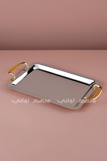 Rectangular Silver Serving Tray with Gold Curved Handles