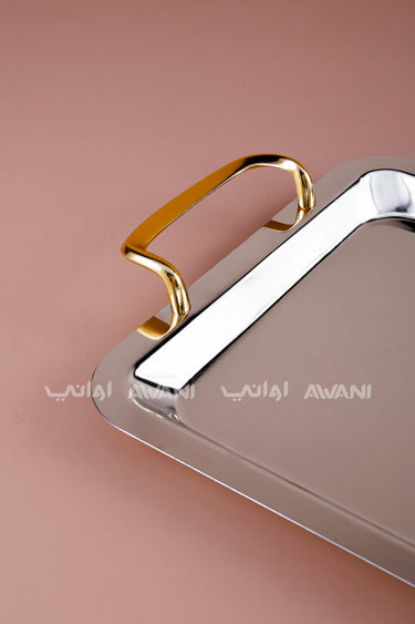 Rectangular Silver Serving Tray with Gold Curved Handles
