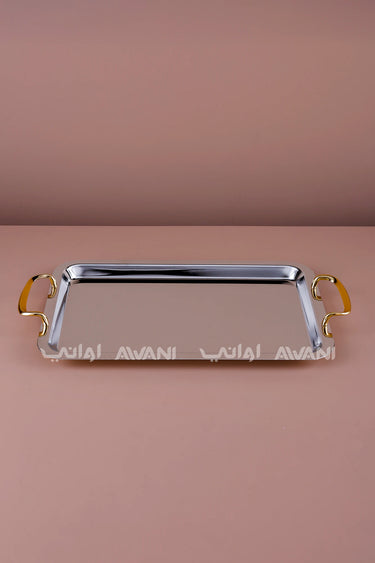 Rectangular Silver Serving Tray with Gold Curved Handles