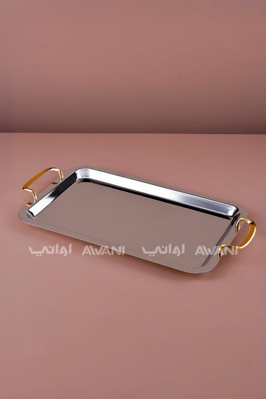 Rectangular Silver Serving Tray with Gold Curved Handles