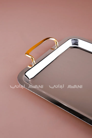 Rectangular Silver Serving Tray with Gold Curved Handles