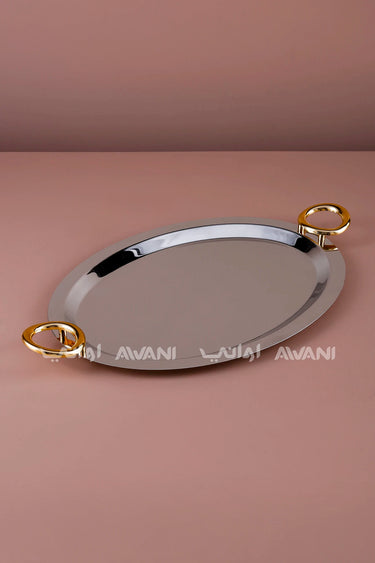 Oval Silver Serving Tray with Circular Loop Gold Handles