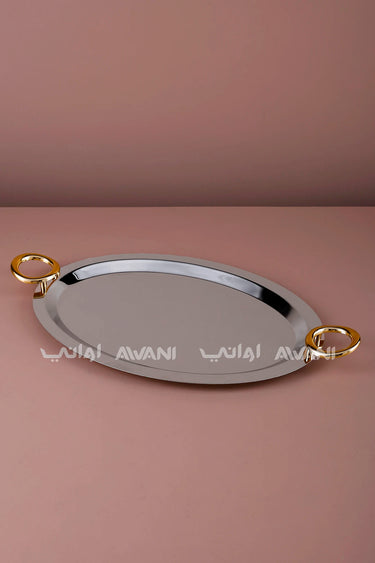 Oval Silver Serving Tray with Circular Loop Gold Handles