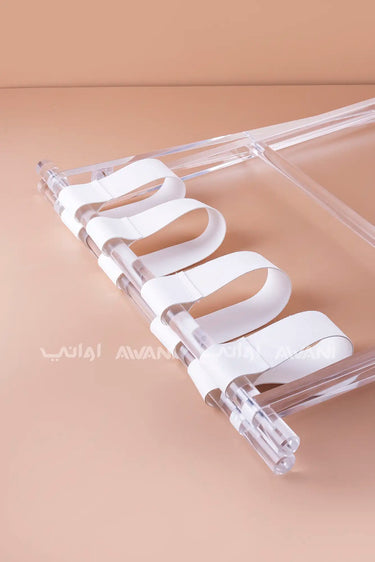 Acrylic Folding Table with Leather Straps – Clear Stand - White color