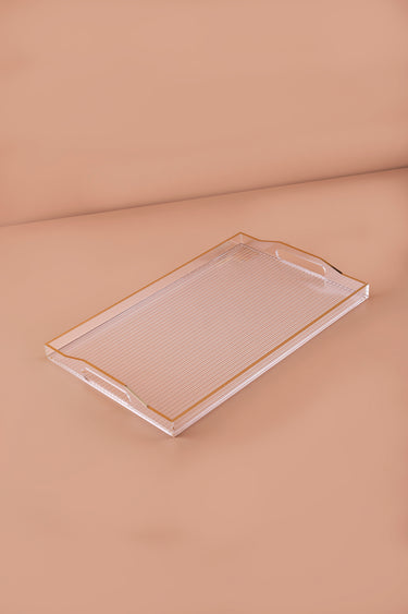 Clear Ribbed Acrylic Serving Tray with Gold Rim & Handles – 48.5 × 31 cm
