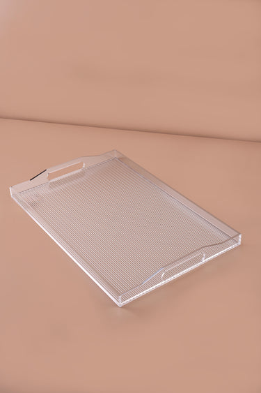 Clear Ribbed Acrylic Serving Tray Clear & Handles – 51*33.5CM - Silver Rim