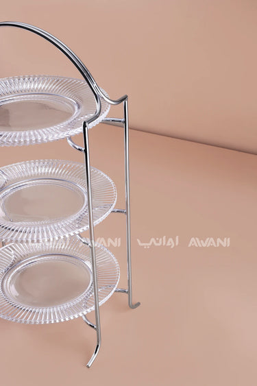 3-Tier Glass Serving Stand with Chrome Frame – Elegant Silver Finish