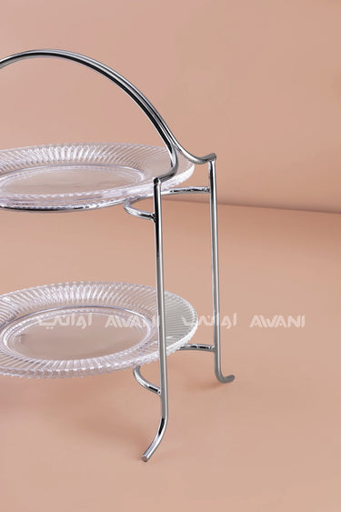 2-Tier Glass Dessert Stand with Chrome Frame – Silver Finish