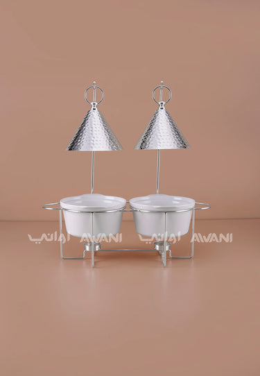 Double Chafing Dish Food Warmer Set (2 Bowls) – Silver & White with Hammered Hanging Lids for Buffet & Catering