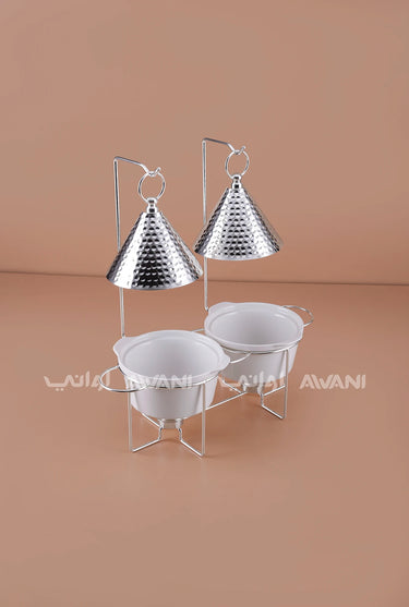 Double Chafing Dish Food Warmer Set (2 Bowls) – Silver & White with Hammered Hanging Lids for Buffet & Catering