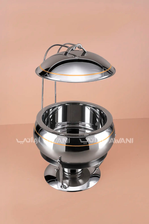 3500ML Stainless Steel Chafing Dish – Round, Hanging Lid, Silver- Gold Trim