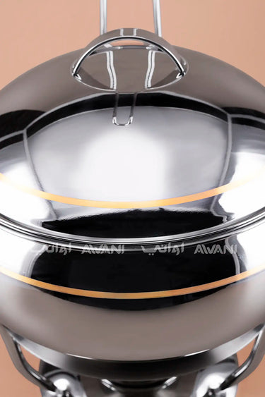 3500ML Stainless Steel Chafing Dish – Round, Hanging Lid, Silver- Gold Trim