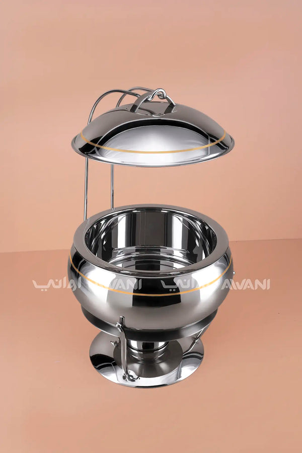 7500ML Stainless Steel Chafing Dish – Round, Hanging Lid, Silver- Gold Trim