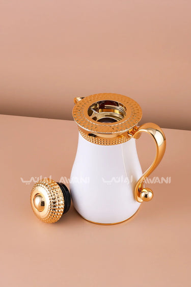 white and  Gold Bubble Dot Design Flask Elegant Vacuum – Perfect for Tea & Coffee- 0.7 L