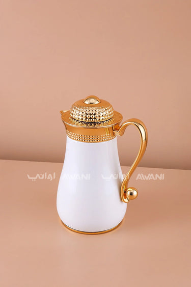 white and  Gold Bubble Dot Design Flask Elegant Vacuum – Perfect for Tea & Coffee- 1 L