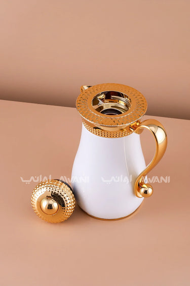 white and  Gold Bubble Dot Design Flask Elegant Vacuum – Perfect for Tea & Coffee- 1 L