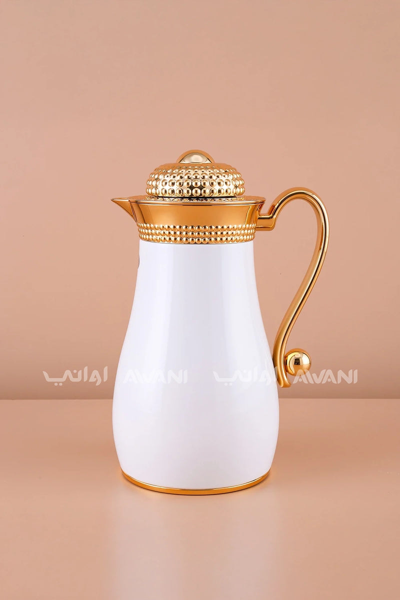 قارورة بتصميم فقاعات منقطة باللونين الأبيض والذهبي أنيقة وعازلة للحرارة – مثالية للشاي والقهوة – 1.3 لتر