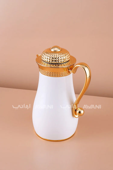 White and Gold Bubble Dot Design Flask Elegant Vacuum – Perfect for Tea & Coffee- 1.3 L