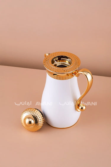 White and Gold Bubble Dot Design Flask Elegant Vacuum – Perfect for Tea & Coffee- 1.3 L