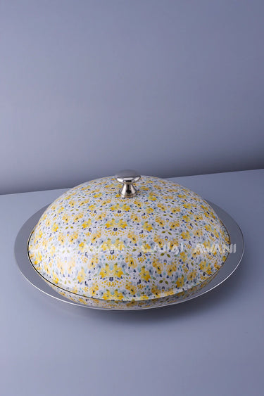 Round Full  Silver Metal Tray with Cover (Yellow Flower )