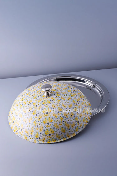 Round Full  Silver Metal Tray with Cover (Yellow Flower )