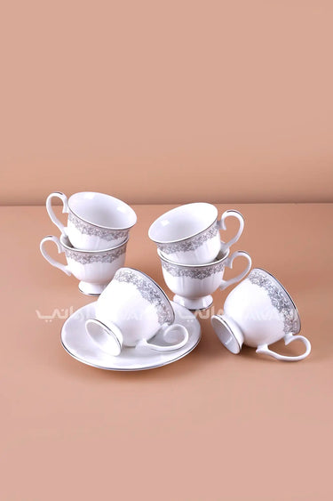 Floral Porcelain Tea Cup & Saucer Set – Classic White with Silver Accents