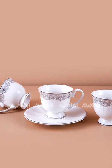 Floral Porcelain Tea Cup & Saucer Set – Classic White with Silver Accents