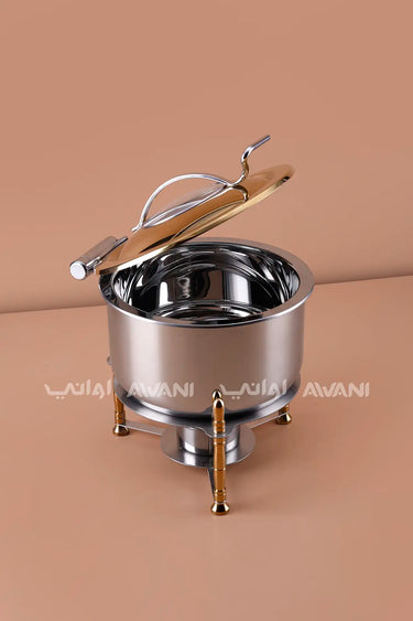 Round Stainless Steel Chafing Dish with Gold Accents & Glass Lid - 5000 ML