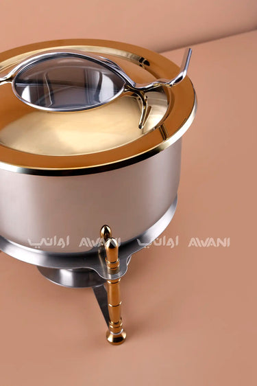 Round Stainless Steel Chafing Dish with Gold Accents & Glass Lid - 5000 ML