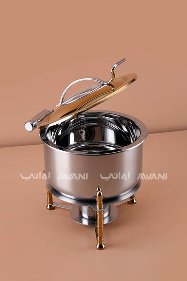 Round Stainless Steel Chafing Dish with Gold Accents & Glass Lid - 7000 ML