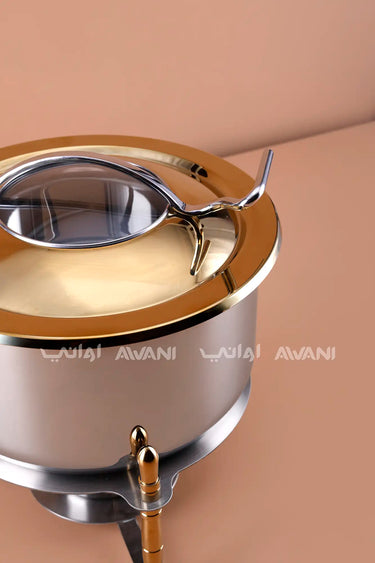 Round Stainless Steel Chafing Dish with Gold Accents & Glass Lid - 7000 ML