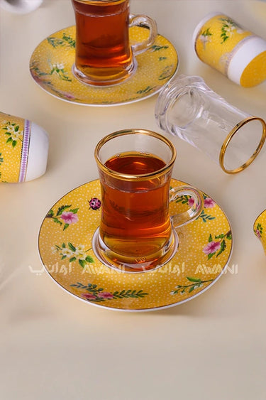 Yellow Tea Cup & Saucer Set – Gold Rim, Floral & Ladybug Design