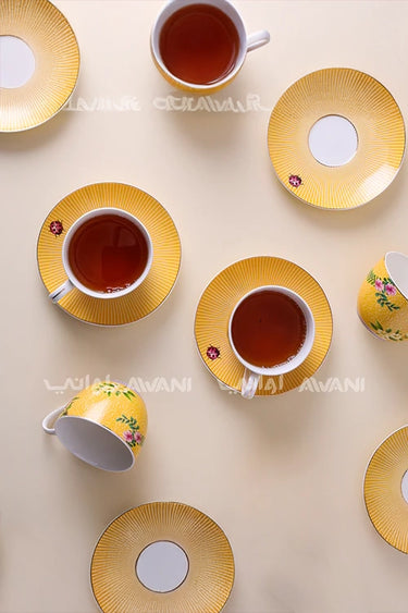 Elegant Yellow Tea Cup & Saucer Set – Floral & Ladybug Design