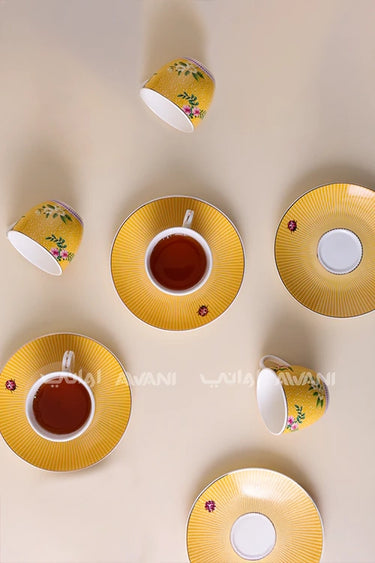 Elegant Yellow Tea Cup & Saucer Set – Floral & Ladybug Design