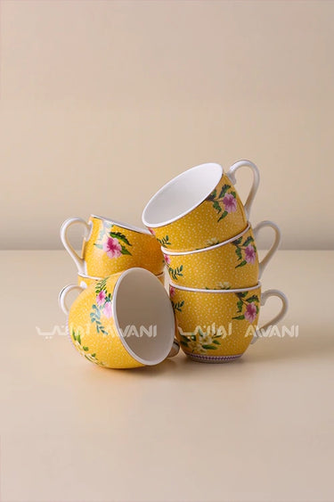 Elegant Yellow Tea Cup & Saucer Set – Floral & Ladybug Design