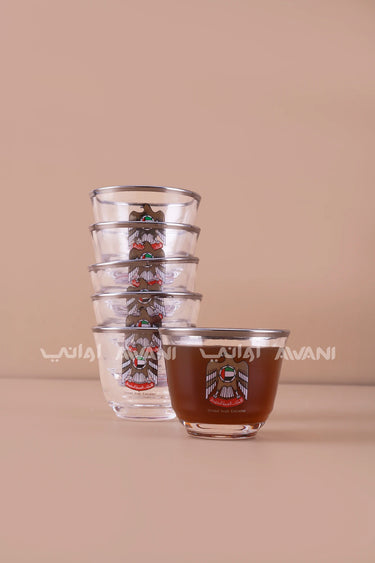 UAE Emblem Glass Cawa Cups – 6 Clear Tea & Coffee Cups with Silver Rim